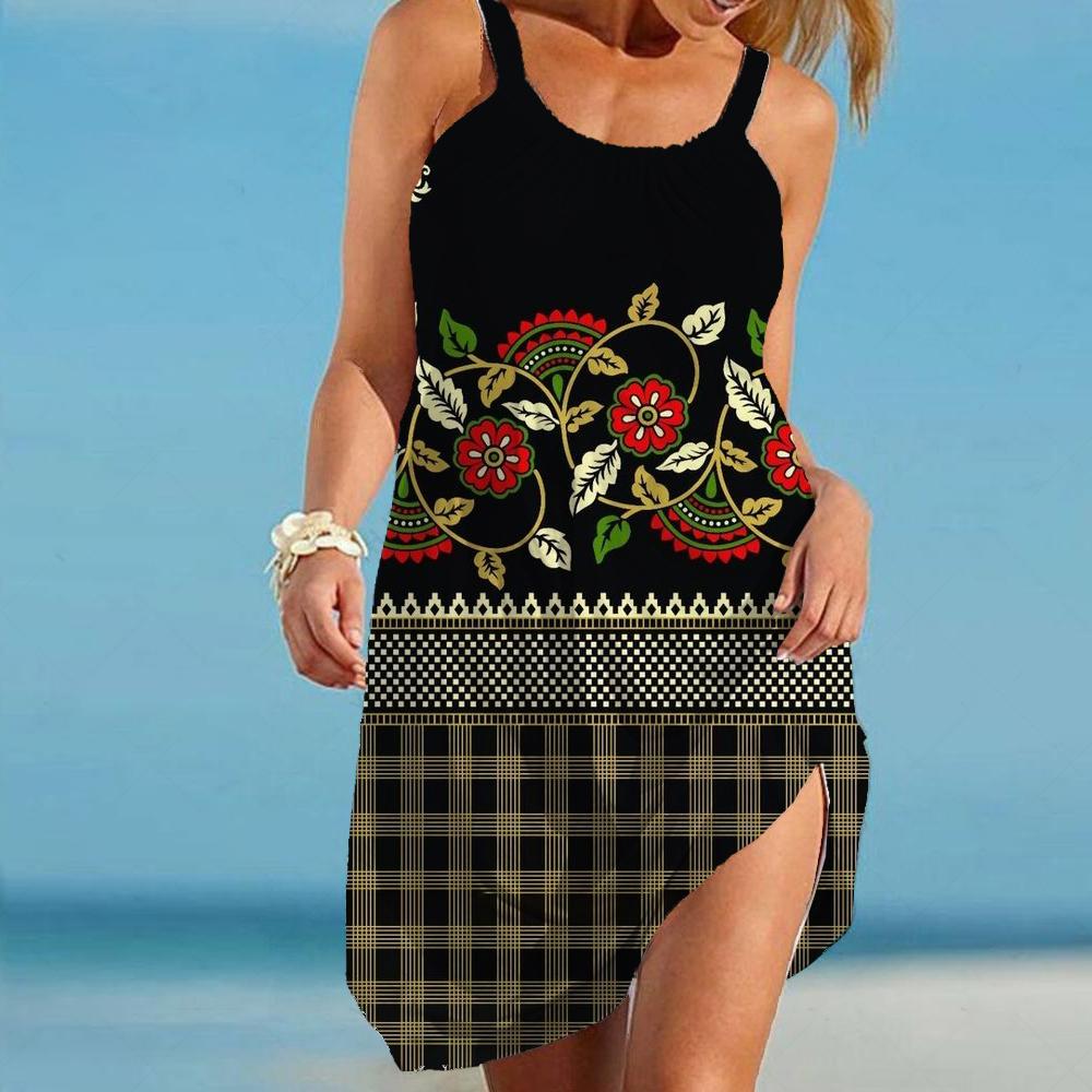 Summer New 3D Retro Flower Print Beach Skirt Sexy Dress Seaside Women's Casual Home Summer Dress Traf