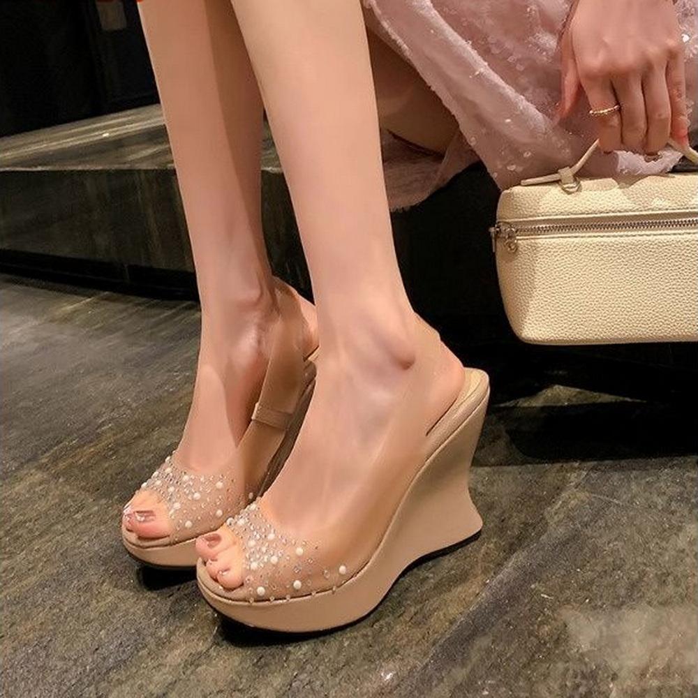 Fashion FHC New Women High Heeled Sandals,Wedges Rhinestone Summer Shoes,Slip on,Peep Toe,Back Hollow Out,White,Size 35-39,Dropship