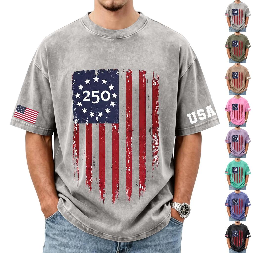 Herren lockeres und lässiges T-Shirt mit Flaggen-Buchstaben-Print - Trendiges gewaschenes kurzärmeliges Oberteil für Herren