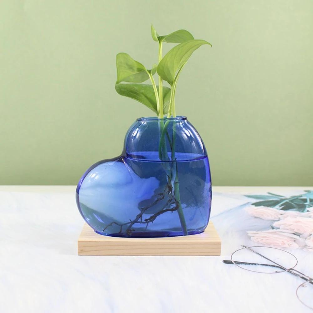Colorful Love Shaped Glass Vase with Wooden Hydroponic Flower Plants Vase Desktop Ornament Living Room Office Decoration