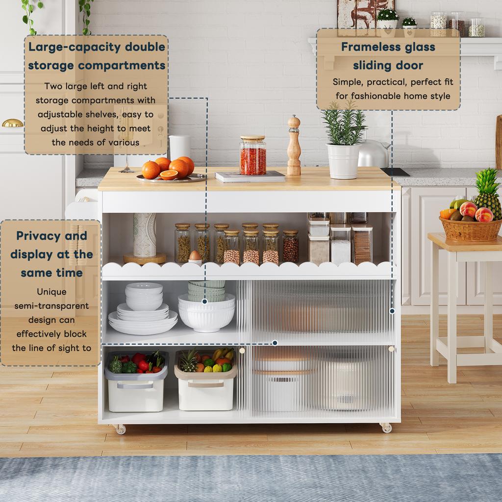 122 x 46(69) x 91cm, Carrello Isola Cucina Pieghevole, Piano di Lavoro in Impiallacciatura di Quercia, Ante Scorrevoli in Vetro Temperato, Ripiani Regolabili, Portasciugamani