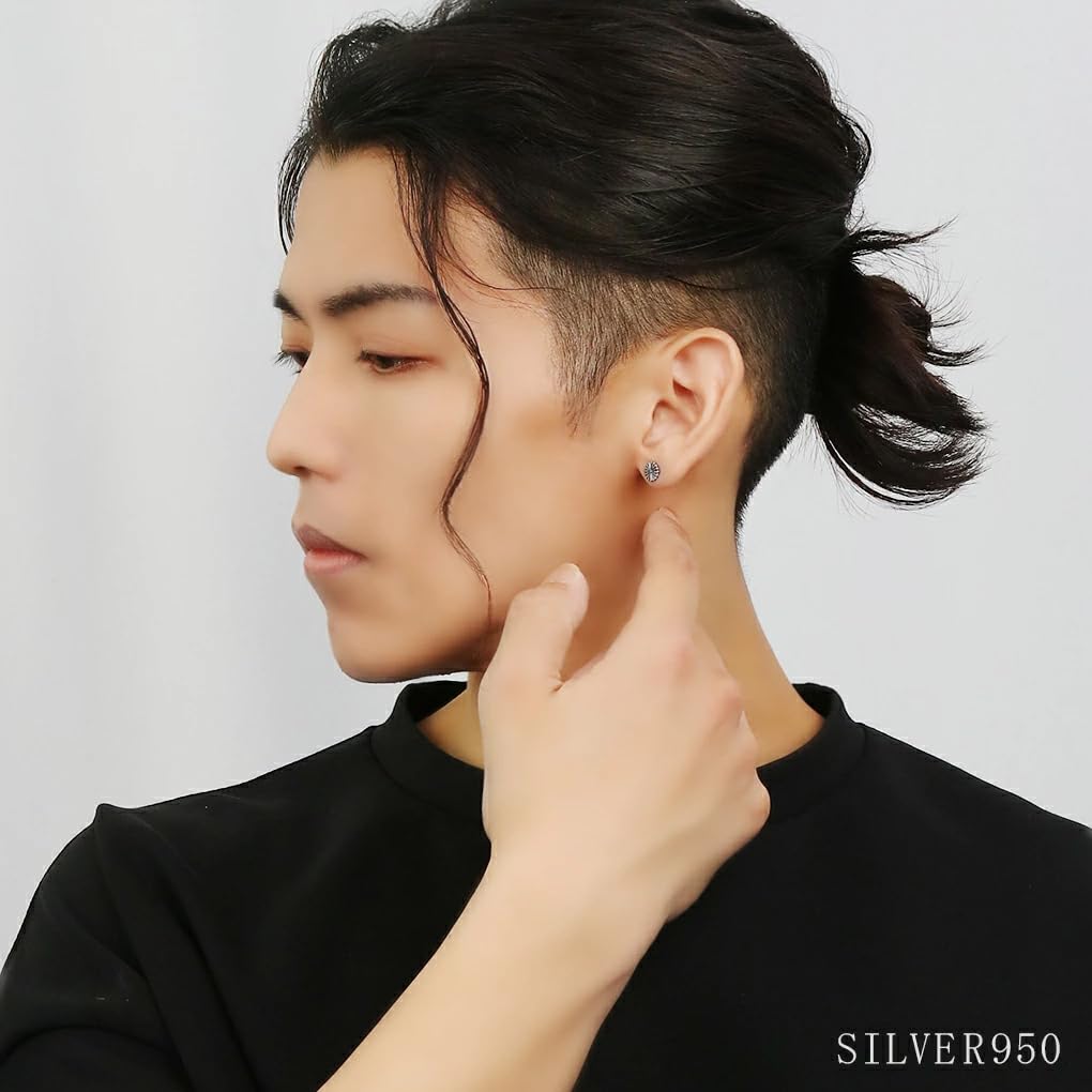 Ryutou Large Chrysanthemum Crest Men's Silver Stud Earrings, Single Ear, 950 Sterling Silver, Traditional Craftsmanship, for Men and Boyfriends