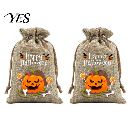 Trick or Treat Party Souvenirs 2Pcs Halloween Pumpkin Drawstring Bags for Candy Treats, Retro Burlap Cute Ghost Theme Pouches Bags, Portable