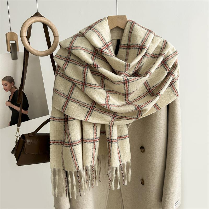 Versatile Imitation Cashmere Tassel Soft And Sticky Plaid Scarf For Women'S Winter Luxury New Fashionable Thickened Warm Shawl