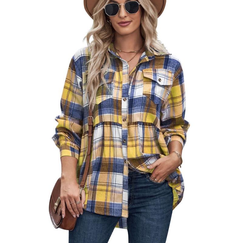 

Весенне-осенние женские рубашки-топы с карманами и откидными карманами, повседневная клетчатая рубашка, топы с длинными рукавами XXL жёлтый