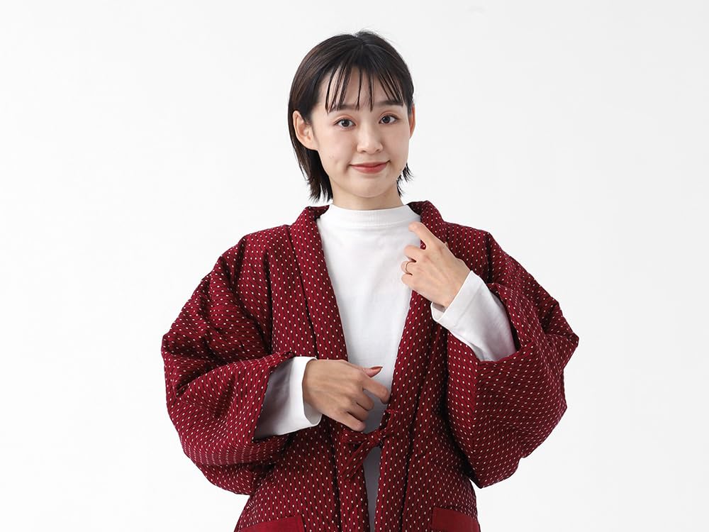 Tayutaf Hanten Made in Japan with Tsumugi Weave and Padded Fabric One Size Fits Most Sashiko Red and Women's Kurume-woven (Haten) - - (Standard,