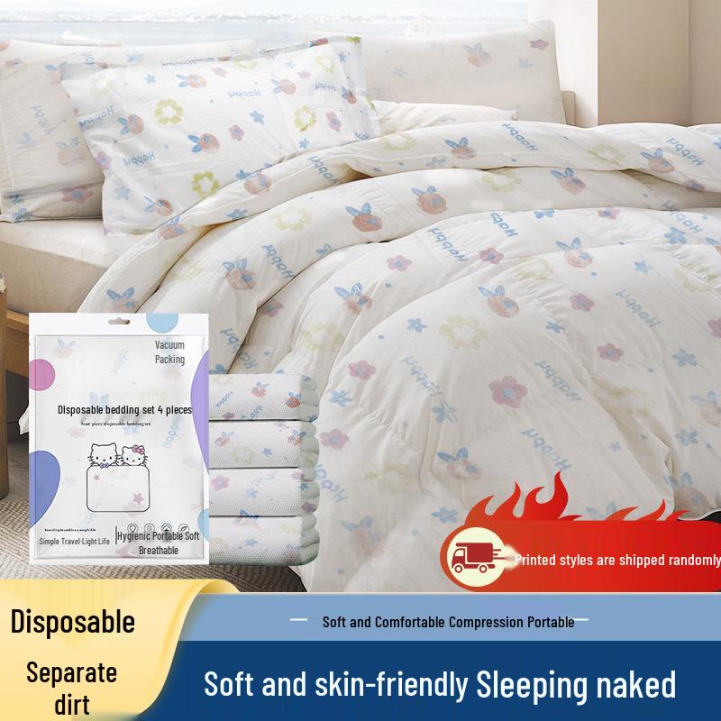 Disposable 4-Piece Bedding Set: Fitted Sheet, Duvet Cover, Pillowcases - Thick, Oversized, Hotel-Grade, Portable, Dirt-Proof.