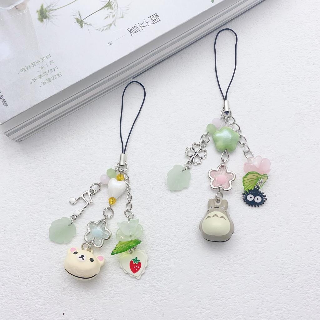 Cute Rilakkuma Bear Bell Matching Phone Charms Handmade Totoro Cat Star Hanging Chain Beaded Pendant Cardbook Keychain Gifts