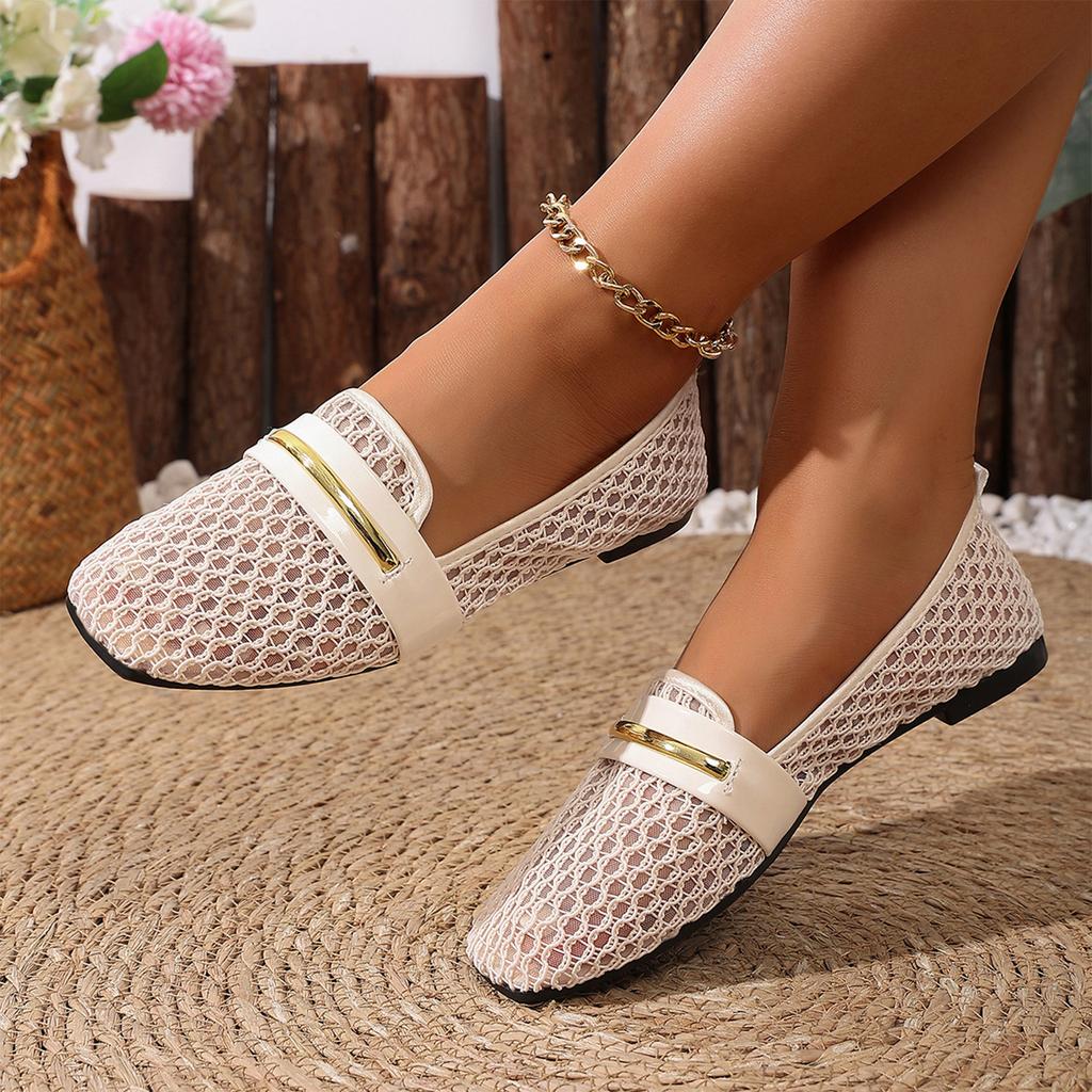 Women Mesh Hollow Out Patent Leather Round Toe Ballet Flat Casual Shoes with Metal Buckle Slip On Loafers for Daily Wear