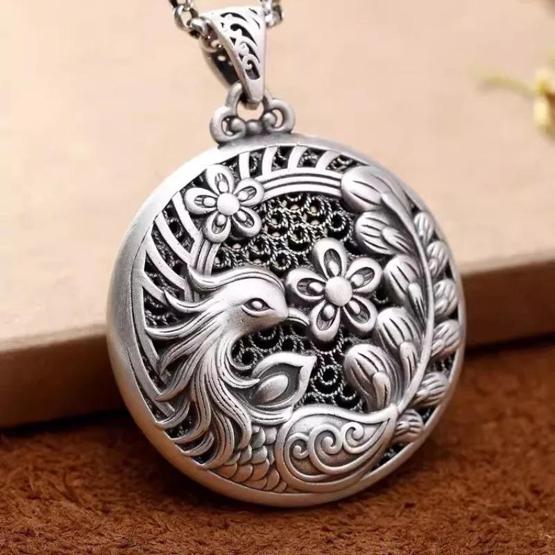 Classic Glossy Phoenix Flower Pendant Vintage Hollow Out Design Round Chinese Style Necklace For Women   Jewelry