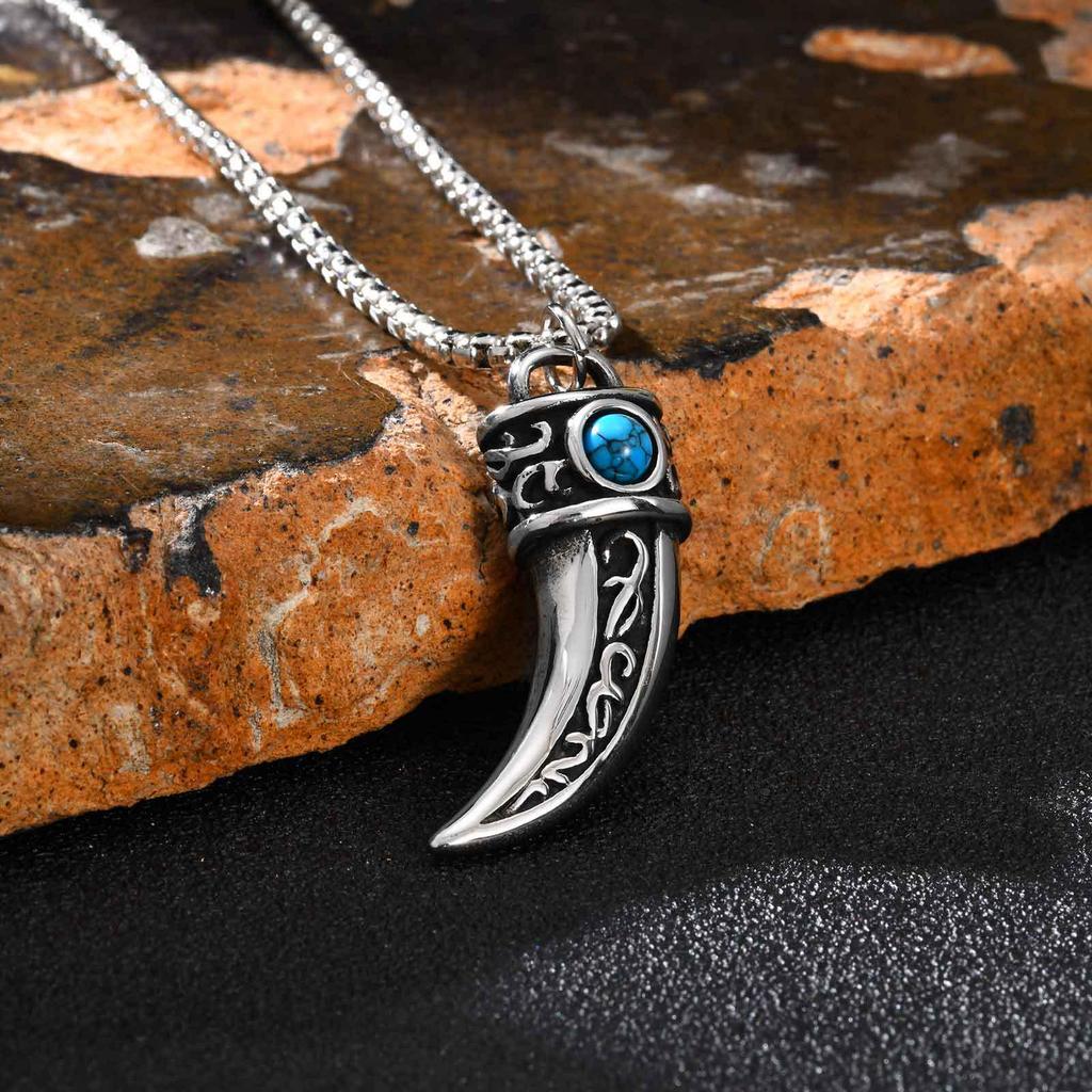 Stainless Steel Men's Retro Cross Pendant Necklace with Turquoise Horn - Steel Color PN-2233.