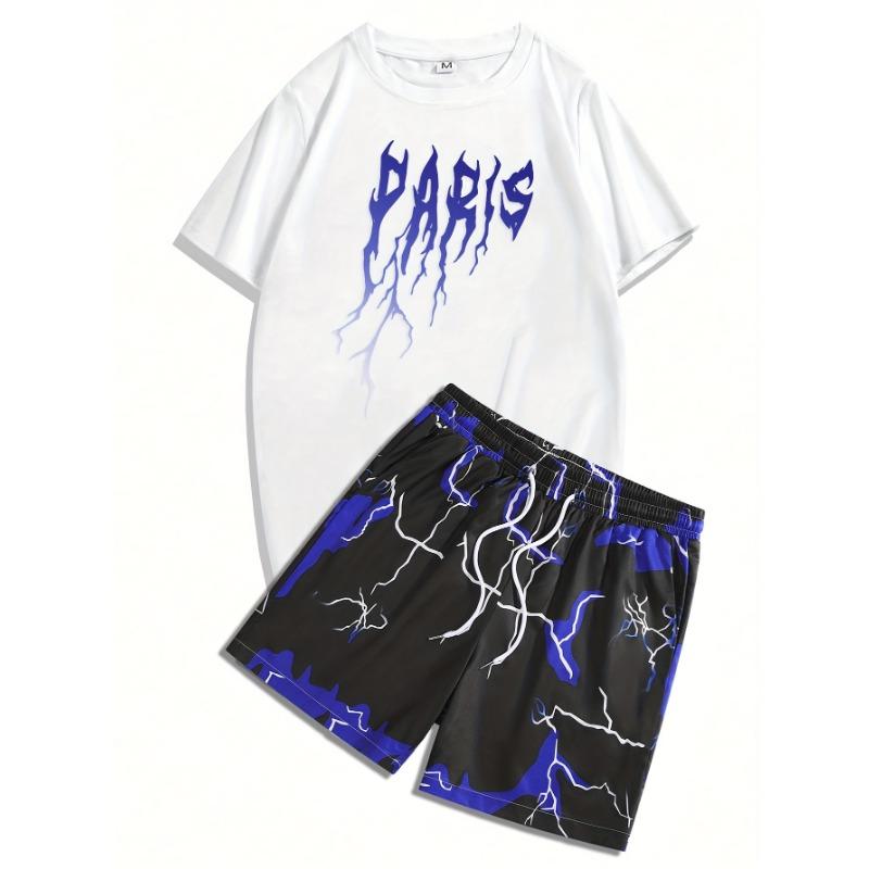 

2-piece set of PARIS pattern printed round neck T-shirt + irregular lightning pattern printed drawstring shorts S