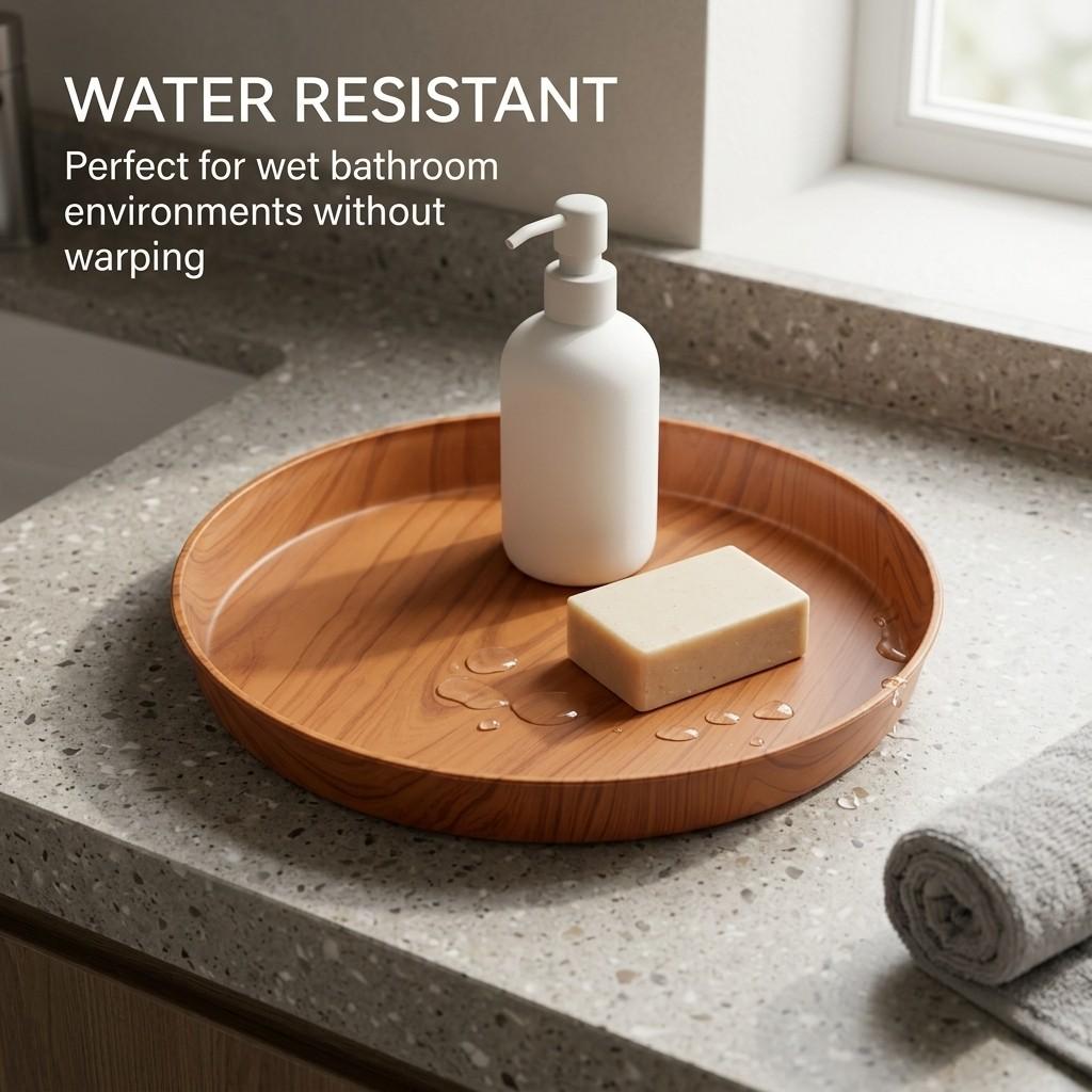 Stackable Round Wood Grain Plastic Vanity Tray Waterproof Bathroom Counter Organizer for Perfume Makeup Dressing Table Storage