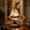 Warm Ambient Lighting Stained Glass Style Witch Hat Lamp, USB Powered Resin Wizard Night Light Retro Gothic Lamp with Sun Star, Halloween Table