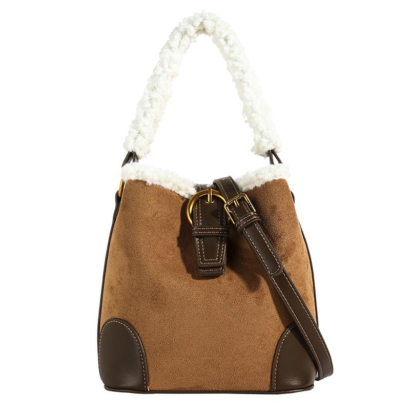Light Luxury Fashion Women's Shoulder Bags High Quality PU Bag Body Plush Handle Ladies Messenger Bag Casual Retro Female Bucket Bag Mother's Day Gift
