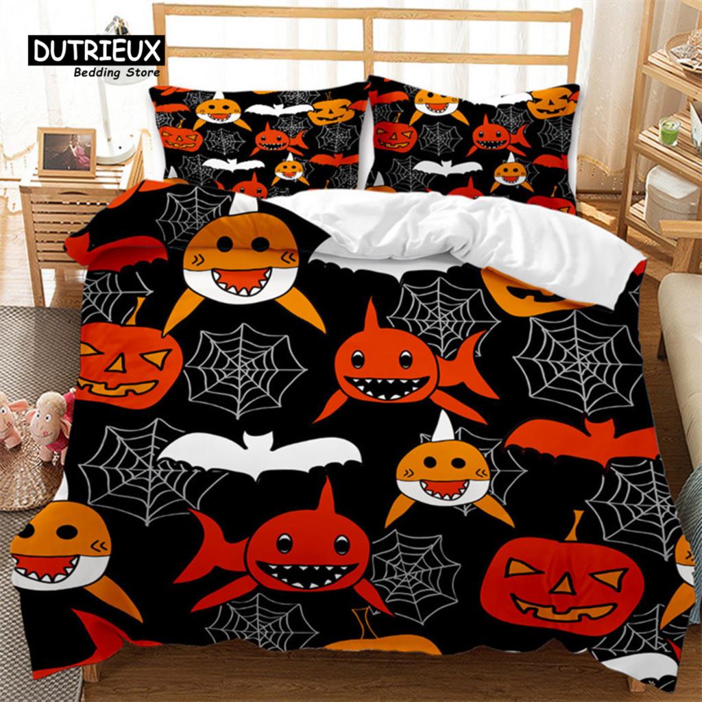 Cartoon Pumpkin Duvet Cover Gothic Halloween Skull Bedding Set Polyester Lantern Ghost Comforter Cover King For Boys Girls Decor