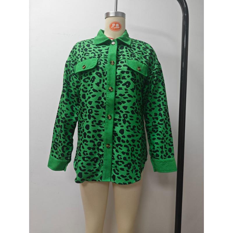 Plus Size Leopard Print Button-Up Jacket with Long Sleeves for Autumn/Winter