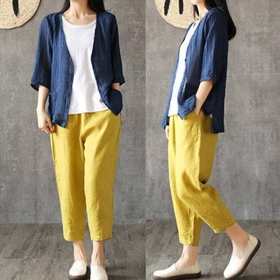 Women Spring High Waist Solid Color Pockets Loose Trousers Ninth Harem Pants