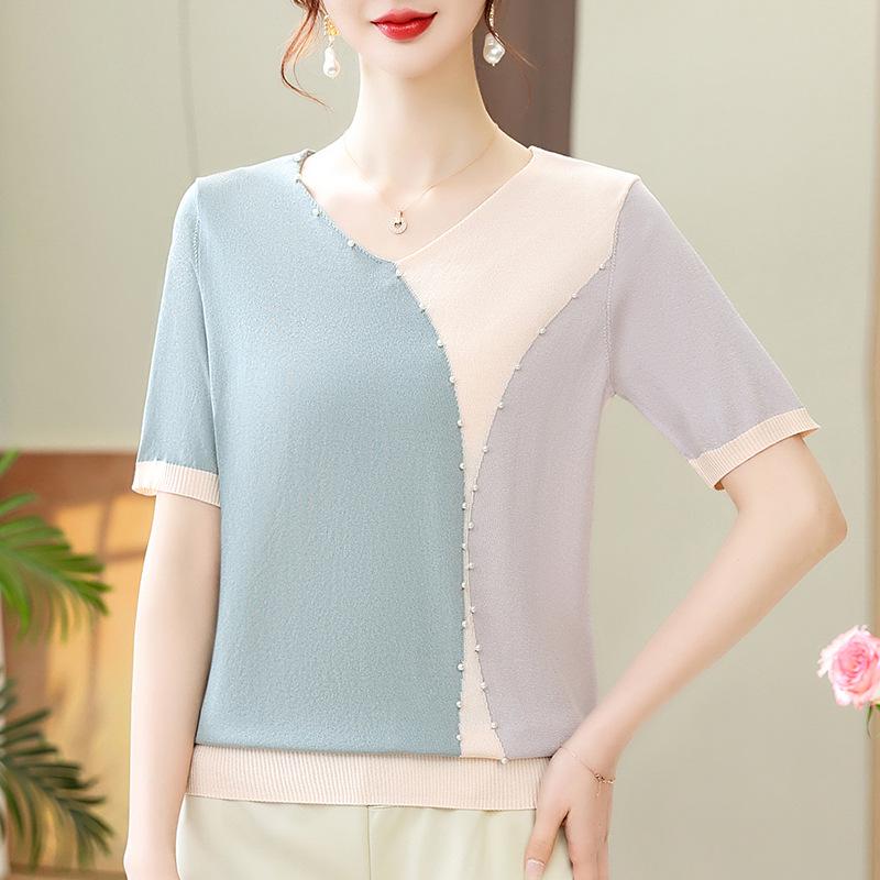 Ice Silk V-neck Summer T-shirt for Mothers and Elderly Women - Loose, Short-sleeved Knit Top