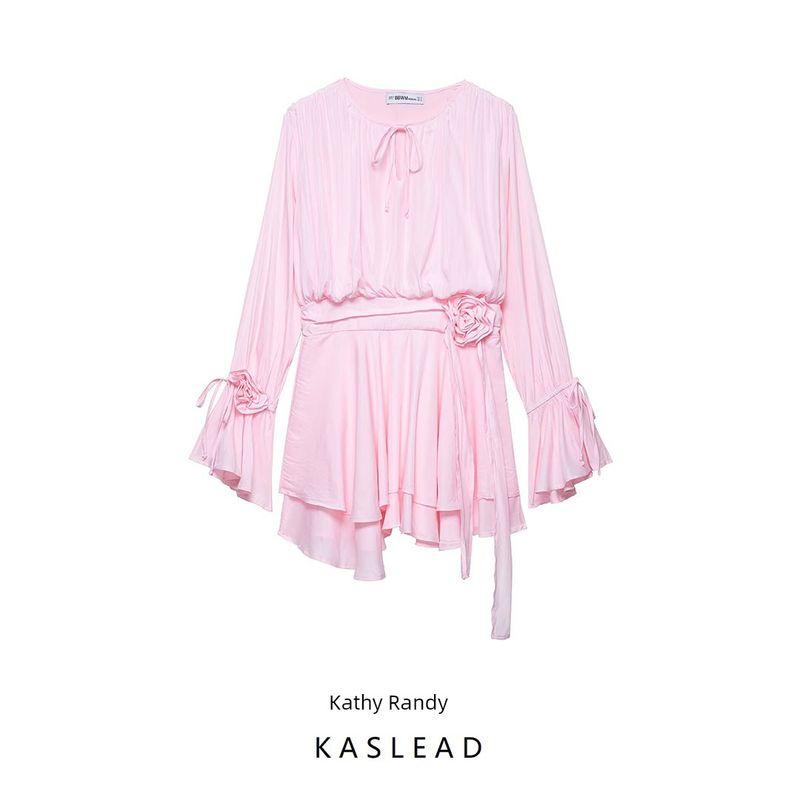 Kaslead New Women Clothes Western Style Fashion Simple Three-dimensional Flower Ribbon Long Sleeve Dress