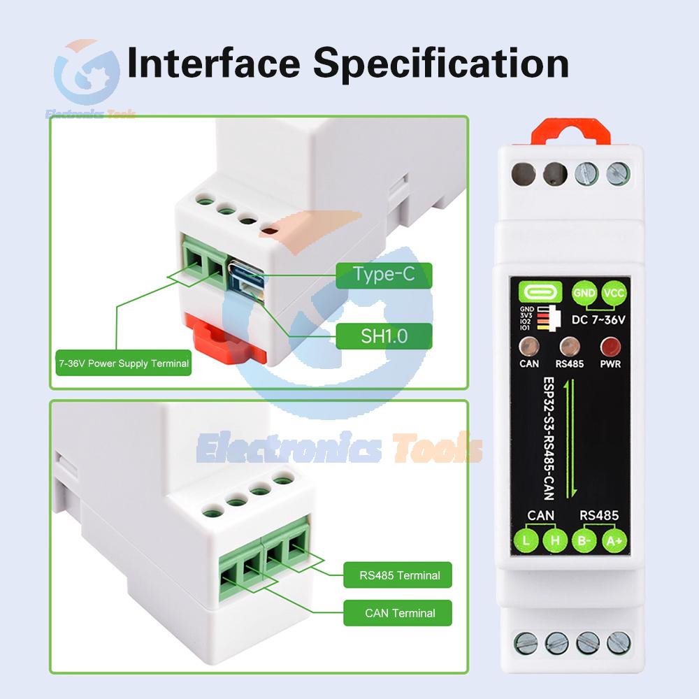 Industrial Development Board ESP32-S3-RS485-CAN 1-Channel WiFi Bluetooth 5 LE Dual Core Isolated RS485 CAN Interface Rail Type C