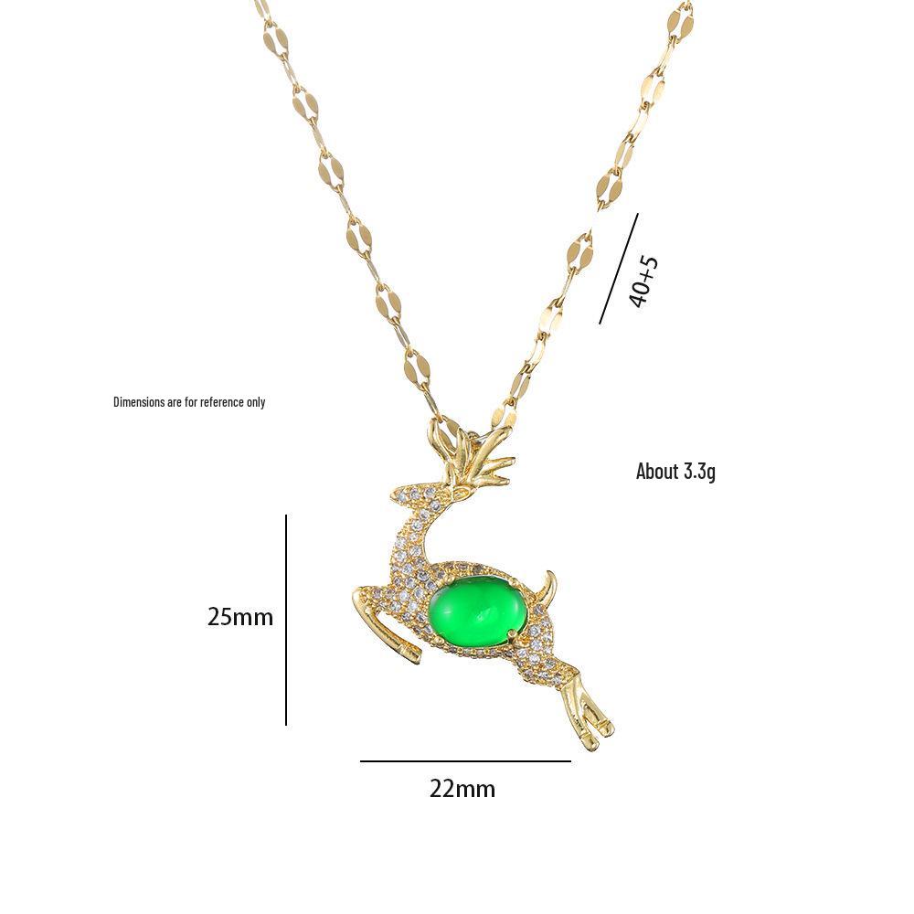 Emerald Little Deer Necklace - Cute Christmas Pendant Clavicle Chain for Women, Inspired by Douyin's Fashion Internet Celebrity Style.