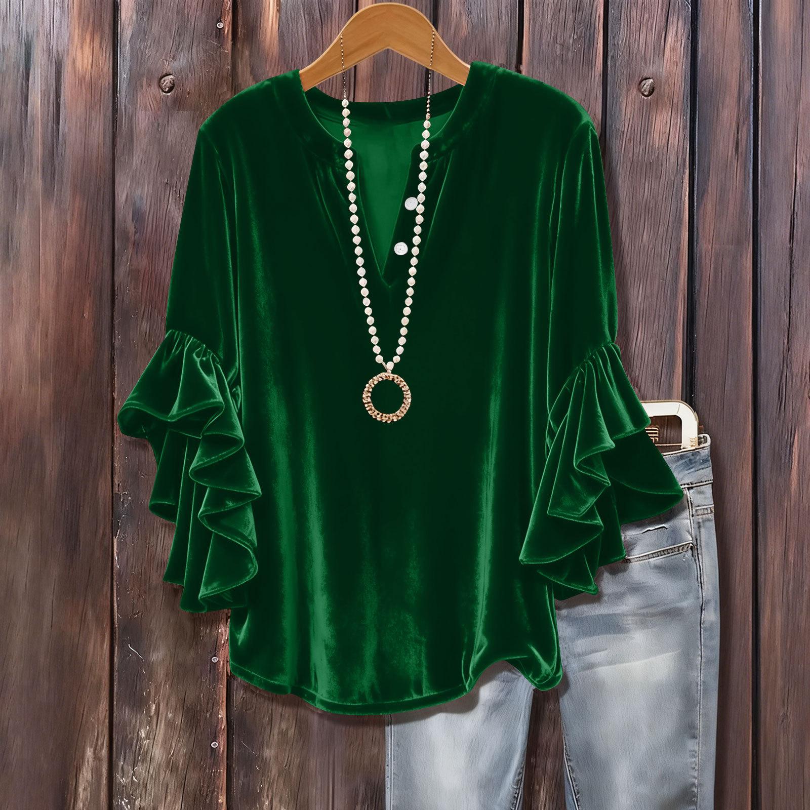 

Жіночий модний однотонний топ з V-подібним вирізом, рукавом сім чвертей, на ґудзиках, універсальний, вільного крою, з рукавами-кльош, з золотого велюру XL зелений