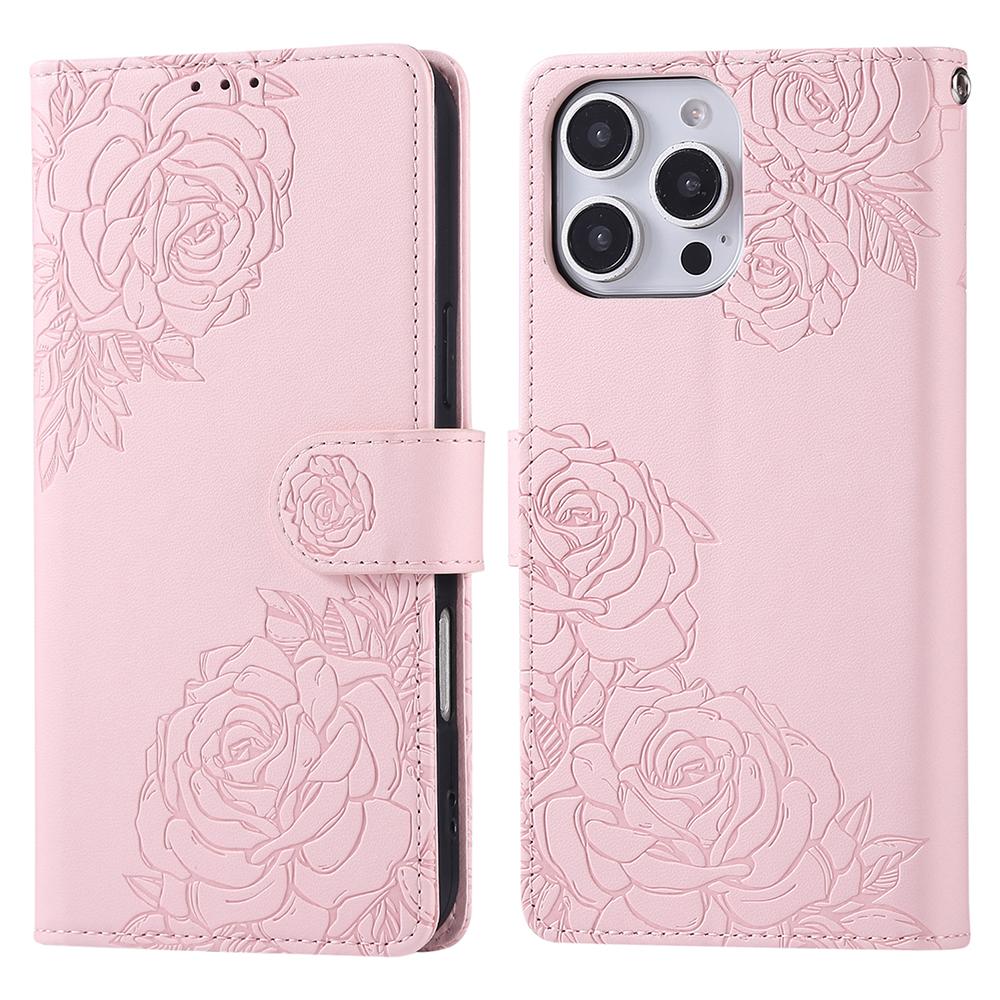 For iPhone 15 Pro Case Rose Flower PU Leather Wallet Phone Cover with 3 Card Slot