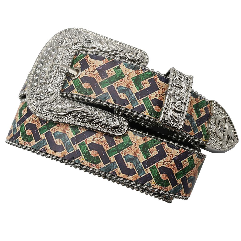 Men'S Trend Original Design Rhinestone Printed Belt Women'S Fashion Personality Pu Leather Belt