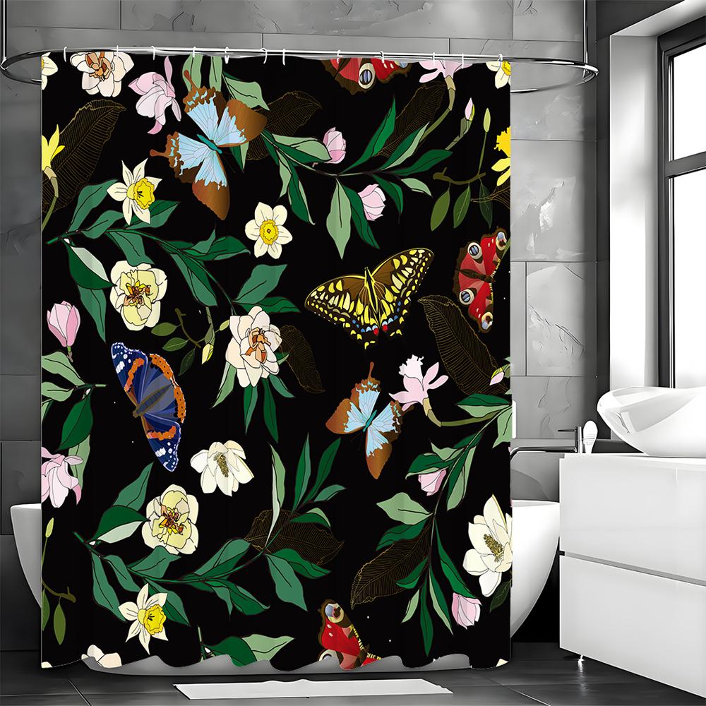 

Butterfly Flower Green Leaf Shower Curtain, Bathroom Decorative Shower Curtain, Waterproof Shower Curtain with Hooks 90*180cm
