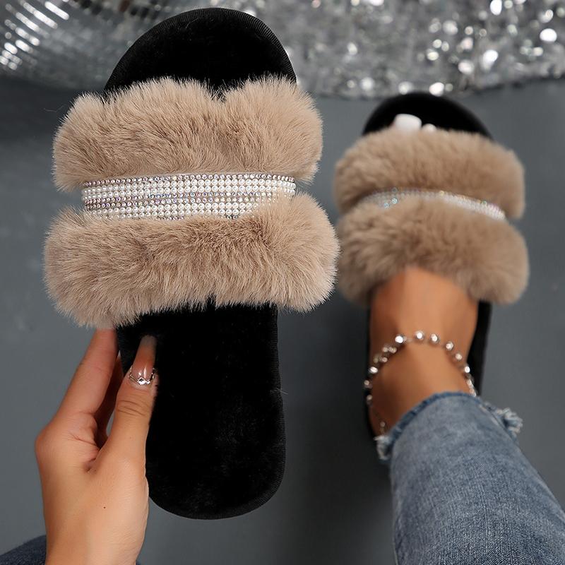 Fashion Luxury Pearl Decor Home Fur Slippers Women Winter Indoor Cozy Open Toe Fluffy Slides Woman Mixed Color Plush Warm House Slippers
