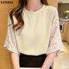 VONDA Summer Women O-Neck Print Splice 3/4 Sleeve Casual Loose Blouse