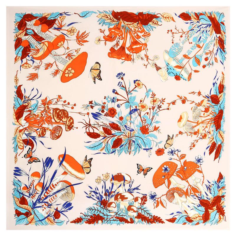 POBING Silk Scarf Women Large Shawls Plant Mushroom Print Stoles Square Bandana Luxury Kerchief Hijab Female Foulards 130CM
