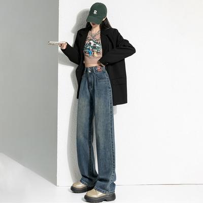Jeans retro de pierna ancha estilo Hong Kong 2025 nuevo primavera y otoño rectos y finos sueltos de cintura alta estilo barrido