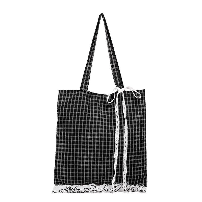 Sweet and Cool Versatile Shoulder Bag Linen Weaving Classic Black and White Grace Lace Girl Bag Thin