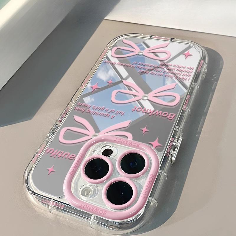 Pink Bow Suitable for IPhone16promax Phone Case Apple 14 Mirror Cream 12 Creative 11/15