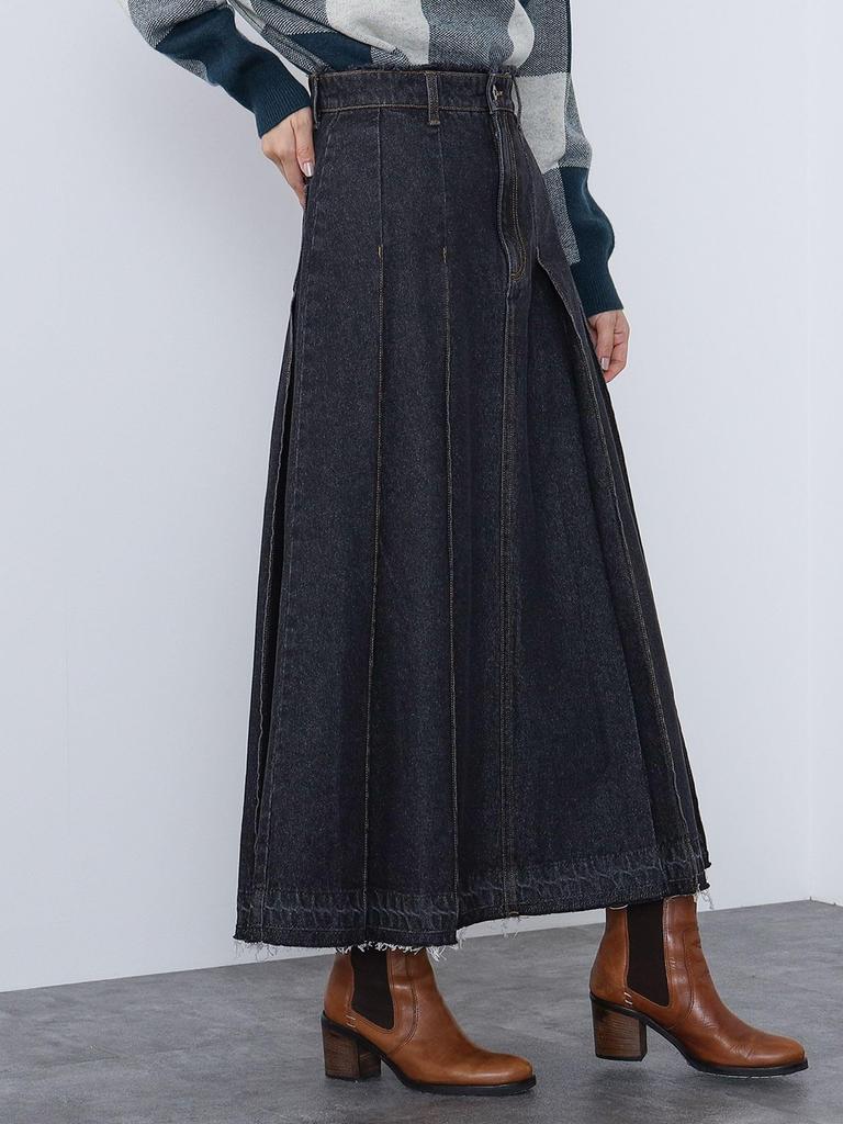 Skirt Wide Pleated Denim Skirt BLACK M [Beams Heart] Women's