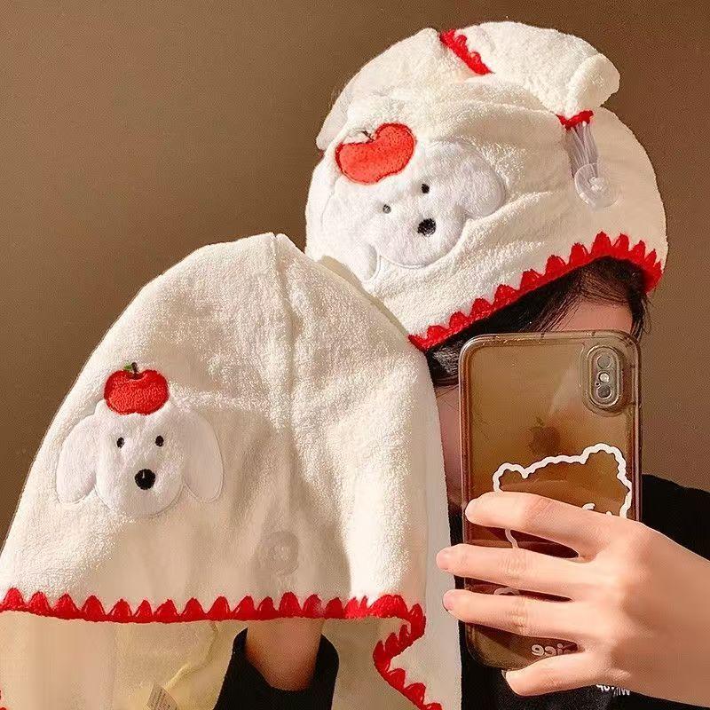 Embroidered Apple Dog Coral Fleece Dry Hair Cap Soft Absorbent Bathing Headscarf Quick Dry Hair Towel