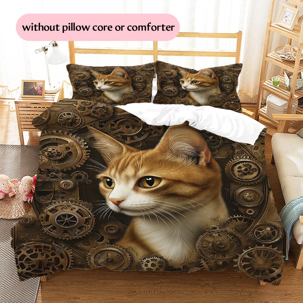 Gear Cat Pattern Bedding Quilt Set Quilt Cover Pillowcase Home Decoration Gift (1 * duvet cover + 2 * pillowcase, without core)