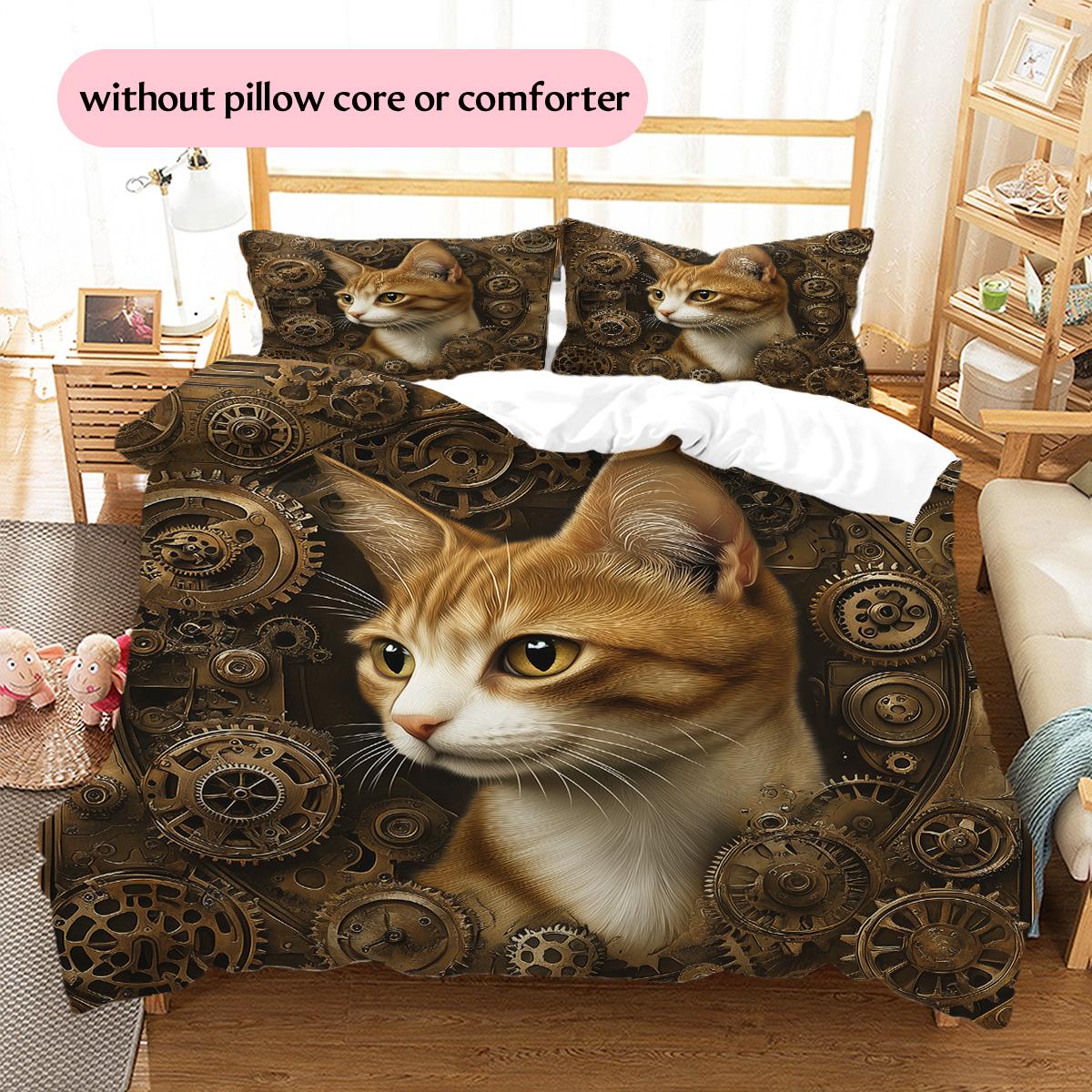 Gear Cat  Pattern Bedding Quilt Set Quilt Cover Pillowcase Home Decoration  Gift (1 * duvet cover + 2 * pillowcase, without core) 135x200cm