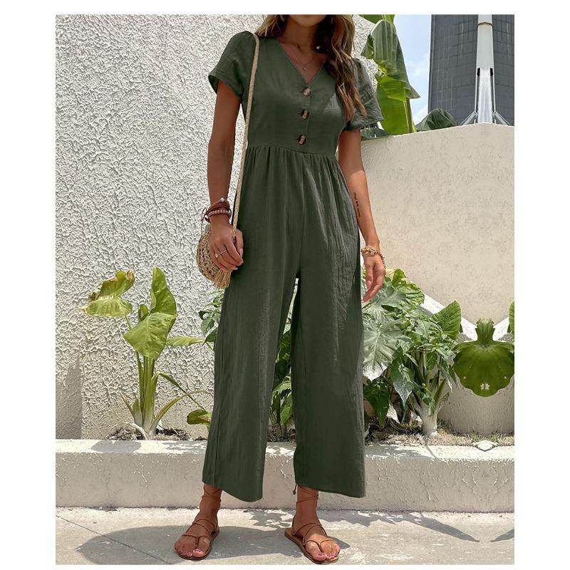 Women's Summer Casual Holiday Style Hundred Solid Colours V-Neck Waist Button Pocket Bubble Sleeve Jumpsuit