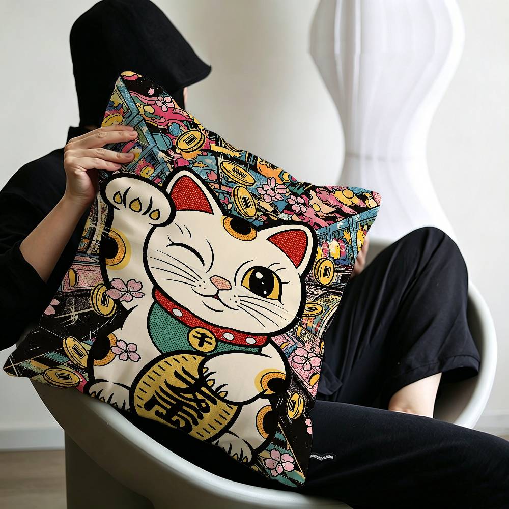 Maneki Neko Rich Luck Money Cat Personalized Pillow Cover Kids Bedroom Wild Party Decor Pillowcase kid Birthday shower Gift