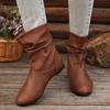 Fashion Pleated Design Slip-on Western Boots Woman Autumn Brown Black Pu Leather Ankle Booties Ladies Casual Round Toe Flat Botas