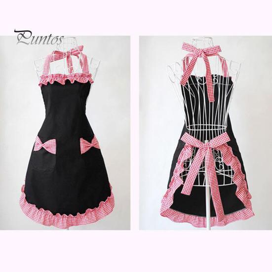 Women Cute Bowknot Decor Pocket Apron Plaid Print Splicing Adjustable Lace-up Kitchen Flirty Apron Mother Day Gift