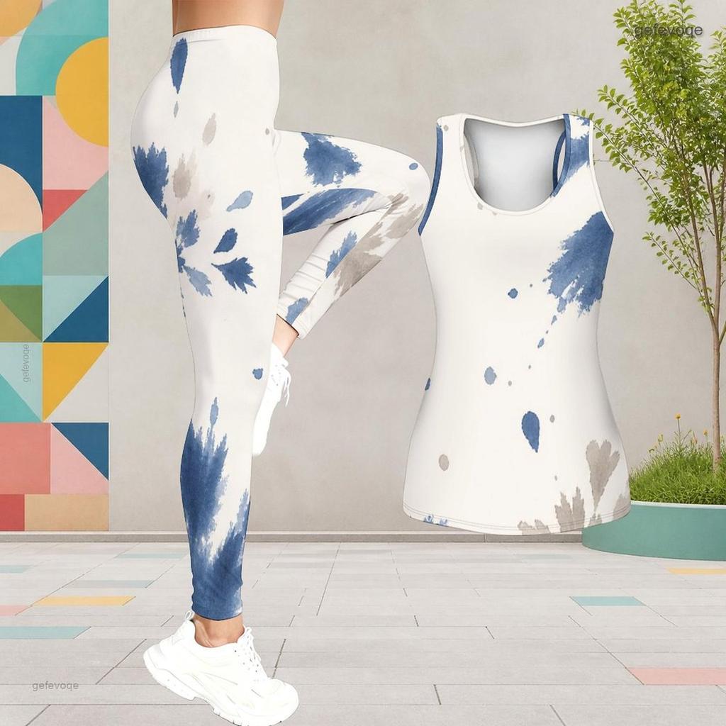 Women Plus Size Two Piece Set Scoop Neck Sleeveless Longline Tank Top Fitted Pants Blue White Printed