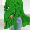 1116 spring and summer new court style chiffon top women's commuting versatile temperament ruffle leaf edge stand-up collar horn sleeve shirt
