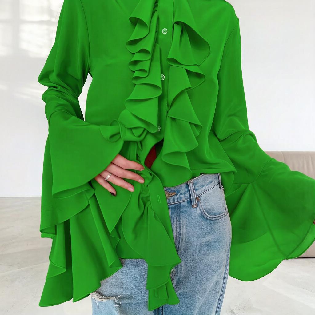 1116 spring and summer new court style chiffon top women's commuting versatile temperament ruffle leaf edge stand-up collar horn sleeve shirt