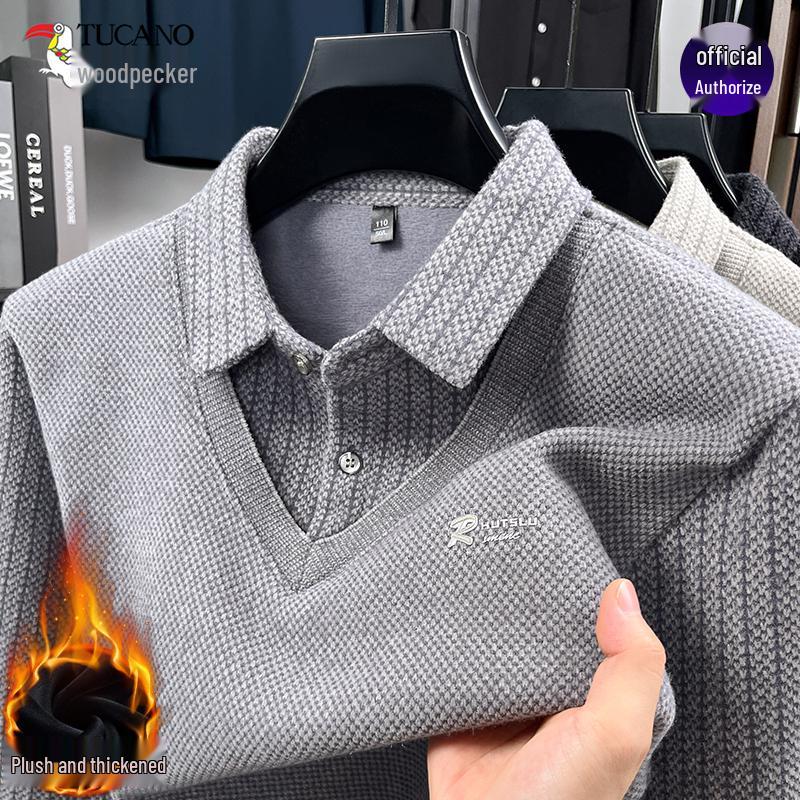 Woodpecker Herrstickad Tröja med Fleecefoder 2025 - Tjock, Varm, Tvådelad Vinterstil