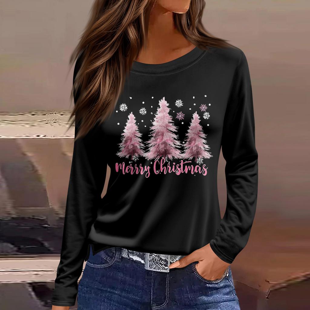 Women's Fashion Casual Slit Hem Round Neck Long Sleeve Loose Printed T-Shirt Ladies Top