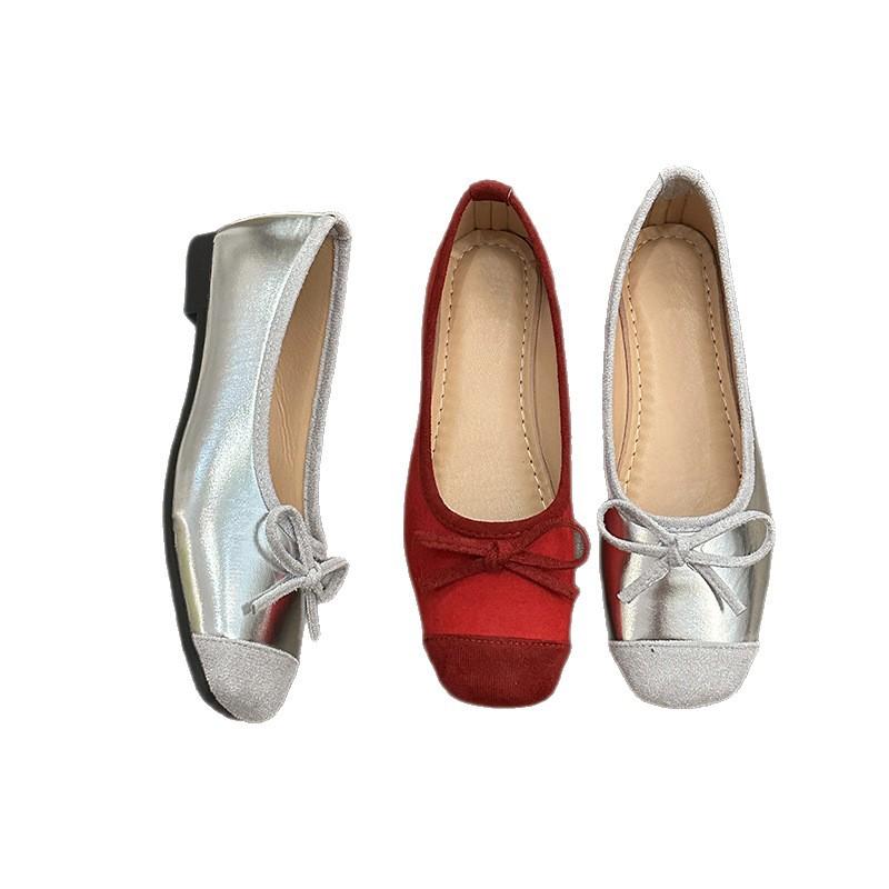 Ballet shoes 2025 new new bow round head flat sole single shoes women's casual soft sole large size comfortable single shoes